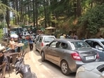 Traffic jam in Dhanaulti, Uttarakhand, as tourists arrive to escape scorching heat in cities. Traffic jam in Dhanaulti, Uttarakhand, as tourists arrive to escape scorching heat in cities.