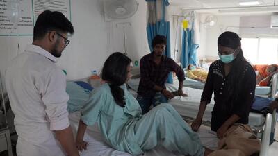An injured student at the hospital. One student is reported to be dead while four others are injured. (HT Photo) An injured student at the hospital. One student is reported to be dead while four others are injured. (HT Photo)