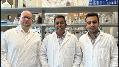 Researchers who have developed the silver-based coating - Dr Dirk Lange (left), Dr Jayachandran Kizhakkedathu (centre) and Dr Hossein Yazdani-Ahmadabadi (right). (BY ARRANGEMENT) Researchers who have developed the silver-based coating - Dr Dirk Lange (left), Dr Jayachandran Kizhakkedathu (centre) and Dr Hossein Yazdani-Ahmadabadi (right). (BY ARRANGEMENT)