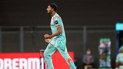Lucknow Super Giants Mohsin Khan celebrates a dismissal of Delhi Capitals during the Indian Premier League 2022 (IPL Twitter) Lucknow Super Giants Mohsin Khan celebrates a dismissal of Delhi Capitals during the Indian Premier League 2022 (IPL Twitter)