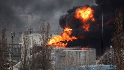 Firefighters operate at an oil refinery which caught fire following a missile attack near the port city of Odesa in Ukraine. (REUTERS file)