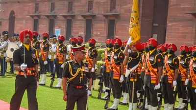 Army chief General Manoj Pande inspects a Guard of Honour, after taking charge of his position, at South Block in New Delhi. (PTI) Army chief General Manoj Pande inspects a Guard of Honour, after taking charge of his position, at South Block in New Delhi. (PTI)
