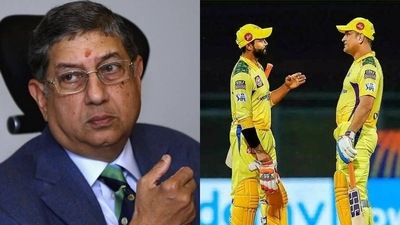 CSK owner N Srinivasan; Ravindra Jadeja with MS Dhoni CSK owner N Srinivasan; Ravindra Jadeja with MS Dhoni