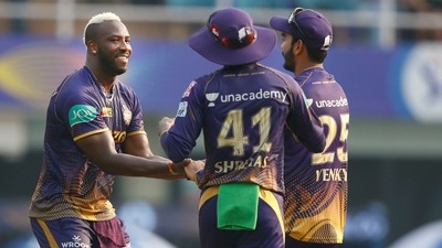 Andre Russell of the Kolkata Knight Riders celebrates the wicket of Yash Dayal of Gujarat Titans (PTI) Andre Russell of the Kolkata Knight Riders celebrates the wicket of Yash Dayal of Gujarat Titans (PTI)