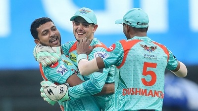 Mohsin Khan, however, put the breaks on DC's progress by dismissing Pant while Gowtham fell to Marsh. Mohsin went on to take three more wickets. (PTI) Mohsin Khan, however, put the breaks on DC's progress by dismissing Pant while Gowtham fell to Marsh. Mohsin went on to take three more wickets. (PTI)