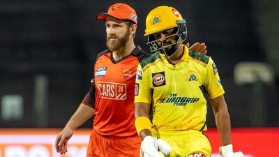 Kane Williamson, captain of Sunrisers Hyderabad pats on the back of Ruturaj Gaikwad of Chennai Super Kings as the latter walks back to the pavilion after being dismissed on 99. (IPL) Kane Williamson, captain of Sunrisers Hyderabad pats on the back of Ruturaj Gaikwad of Chennai Super Kings as the latter walks back to the pavilion after being dismissed on 99. (IPL)