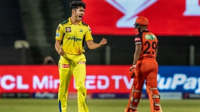 Mukesh Choudhary of Chennai Super Kings celebrates the wicket of Shashank Singh of Sunrisers Hyderabad (IPL) Mukesh Choudhary of Chennai Super Kings celebrates the wicket of Shashank Singh of Sunrisers Hyderabad (IPL)