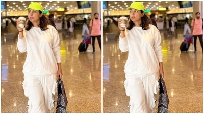 Hina's sweatshirt for the jet-set look comes in a solid white shade. It features an oversized silhouette, round neckline, full sleeves, droopy shoulders and ribbed patterns on the neck, cuffs and hem. (Instagram/@realhinakhan) Hina's sweatshirt for the jet-set look comes in a solid white shade. It features an oversized silhouette, round neckline, full sleeves, droopy shoulders and ribbed patterns on the neck, cuffs and hem. (Instagram/@realhinakhan)