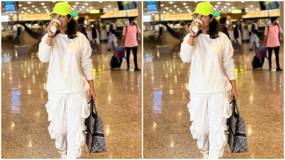 Hina captioned the post, "Let's fly away. Morning world." The star chose an all-white sweatshirt and joggers set for the flight and teamed it with simple accessories. (Instagram/@realhinakhan) Hina captioned the post, "Let's fly away. Morning world." The star chose an all-white sweatshirt and joggers set for the flight and teamed it with simple accessories. (Instagram/@realhinakhan)