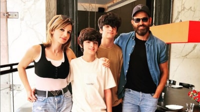 Hrithik Roshan and Sussanne Khan share a picture with sons Hrehaan and Hridaan from the latter's birthday celebrations. Hrithik Roshan and Sussanne Khan share a picture with sons Hrehaan and Hridaan from the latter's birthday celebrations.