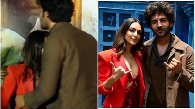 Kartik Aaryan stood in front of Kiara Advani as she got up in a mini dress. Kartik Aaryan stood in front of Kiara Advani as she got up in a mini dress.