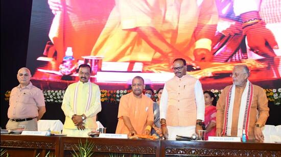 Chief minister Yogi Adityanath and other dignitaries at a function in Lucknow on Sunday. (HT PHOTO) Chief minister Yogi Adityanath and other dignitaries at a function in Lucknow on Sunday. (HT PHOTO)