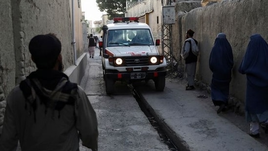 An Ambulance is seen near the site of explosions at Khalifa Sahib Mosque in Kabul, on April 29, 2022.&nbsp;(REUTERS)