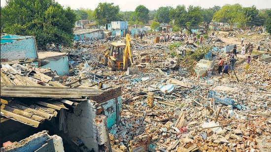 Some 2,500-odd shanties that had cropped up at Colony Number 4 in Chandigarh over the past 50 years were reduced to rubble after the administration’s demolition drive on Sunday. (Keshav Singh/HT)