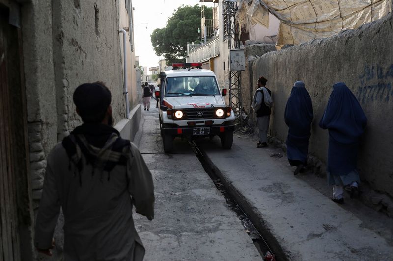 An Ambulance is seen near the site of explosions at Khalifa Sahib Mosque in Kabul, on April 29, 2022.&nbsp; (REUTERS)