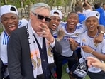 Carlo Ancelotti celebrates Real Madrid's LaLiga title triumph with players