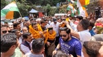 Newly-appointed Himachal Congress chief Pratibha Singh and her son and MLA Vikramaditya Singh during a roadshow from Parwanoo to Shimla on Monday. (Deepak Sansta/HT) Newly-appointed Himachal Congress chief Pratibha Singh and her son and MLA Vikramaditya Singh during a roadshow from Parwanoo to Shimla on Monday. (Deepak Sansta/HT)