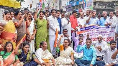 The Congress stepped up protests against the Bommai government after Santosh K Patil, a contractor, was found dead, weeks after he made allegations that he was being harassed by then rural development and panchayat raj minister KS Eshwarappa to cough up 40% commission for works of ₹4 crore done in Hindalga village of Belagavi district. (PTI) The Congress stepped up protests against the Bommai government after Santosh K Patil, a contractor, was found dead, weeks after he made allegations that he was being harassed by then rural development and panchayat raj minister KS Eshwarappa to cough up 40% commission for works of ₹4 crore done in Hindalga village of Belagavi district. (PTI)