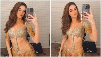 Ananya Panday earlier posted a few pictures of herself wearing an embellished lehenga that immediately caught her fans attention. Another reason for her photos taking the internet ablaze is the lyrics of the song 'Kesariya' from Ranbir Kapoor and Alia Bhatt's film Brahmastra. (Instagram/@ananyapanday)