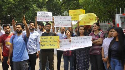 PU student bodies holding a joint protest against the recent order of banning protest outside of a fixed protest site. (Keshav Singh/ HT)