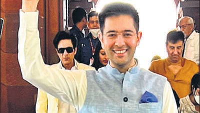 Aam Aadmi Party leader Raghav Chadha at Parliament house on Monday (ANI) Aam Aadmi Party leader Raghav Chadha at Parliament house on Monday (ANI)