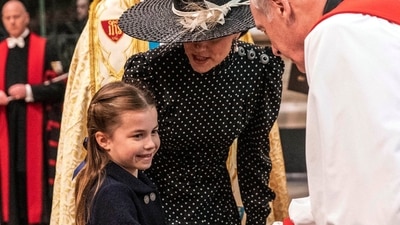 Britain's Kate, Duchess of Cambridge and her daughter Princess Charlotte leave after a Service of Thanksgiving for the life of Prince Philip, Duke of Edinburgh, at Westminster Abbey in London on March 2, 2022. (AP) Britain's Kate, Duchess of Cambridge and her daughter Princess Charlotte leave after a Service of Thanksgiving for the life of Prince Philip, Duke of Edinburgh, at Westminster Abbey in London on March 2, 2022. (AP)