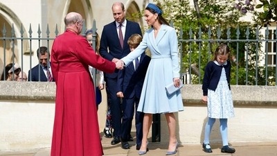 Britain’s Prince William and Kate, Duchess of Cambridge with Prince George and Princess Charlotte, shake hands with Dean of Windsor, The Right Revd David Conner, at the end of an Easter Mattins Service at St George's Chapel at Windsor Castle in Berkshire, England on April 17. (AP) Britain’s Prince William and Kate, Duchess of Cambridge with Prince George and Princess Charlotte, shake hands with Dean of Windsor, The Right Revd David Conner, at the end of an Easter Mattins Service at St George's Chapel at Windsor Castle in Berkshire, England on April 17. (AP)