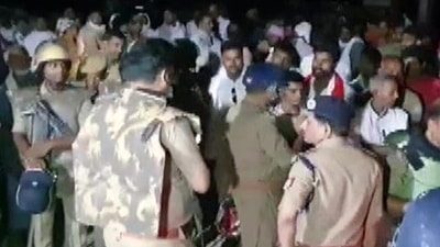 UP police officials at the house of gangster Kanhaiya Yadav in Chandauli. (Twitter/ANI) UP police officials at the house of gangster Kanhaiya Yadav in Chandauli. (Twitter/ANI)
