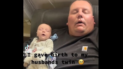 The father and his baby are sleeping, looking exactly the same in this Instagram video. (Instagram/@taylor.c.hays) The father and his baby are sleeping, looking exactly the same in this Instagram video. (Instagram/@taylor.c.hays)