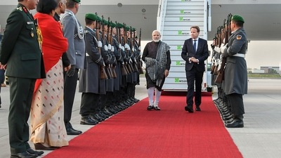 Prime Minister Narendra Modi being welcomed on his arrival in Berlin. (PTI)