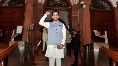 New Delhi: Newly elected Rajya Sabha member AAP leader Raghav Chadha poses for photographs at Parliament House, in New Delhi, (PTI) New Delhi: Newly elected Rajya Sabha member AAP leader Raghav Chadha poses for photographs at Parliament House, in New Delhi, (PTI)
