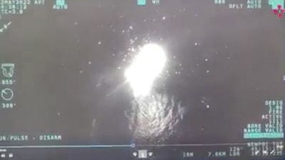 A vessel claimed to be a Russian Raptor boat is destroyed by a drone near Snake Island, (Reuters)