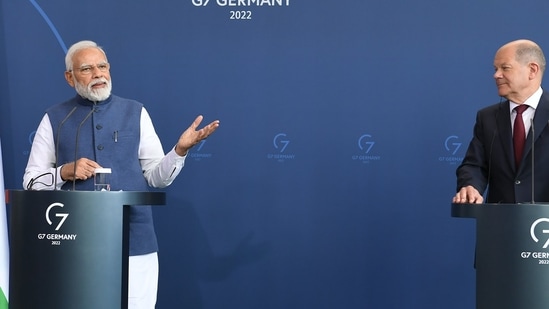 Prime Minister Narendra Modi with German Chancellor Olaf Scholz, in Berlin. (PTI Photo)