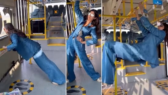 Shilpa Shetty working out in a bus.&nbsp;
