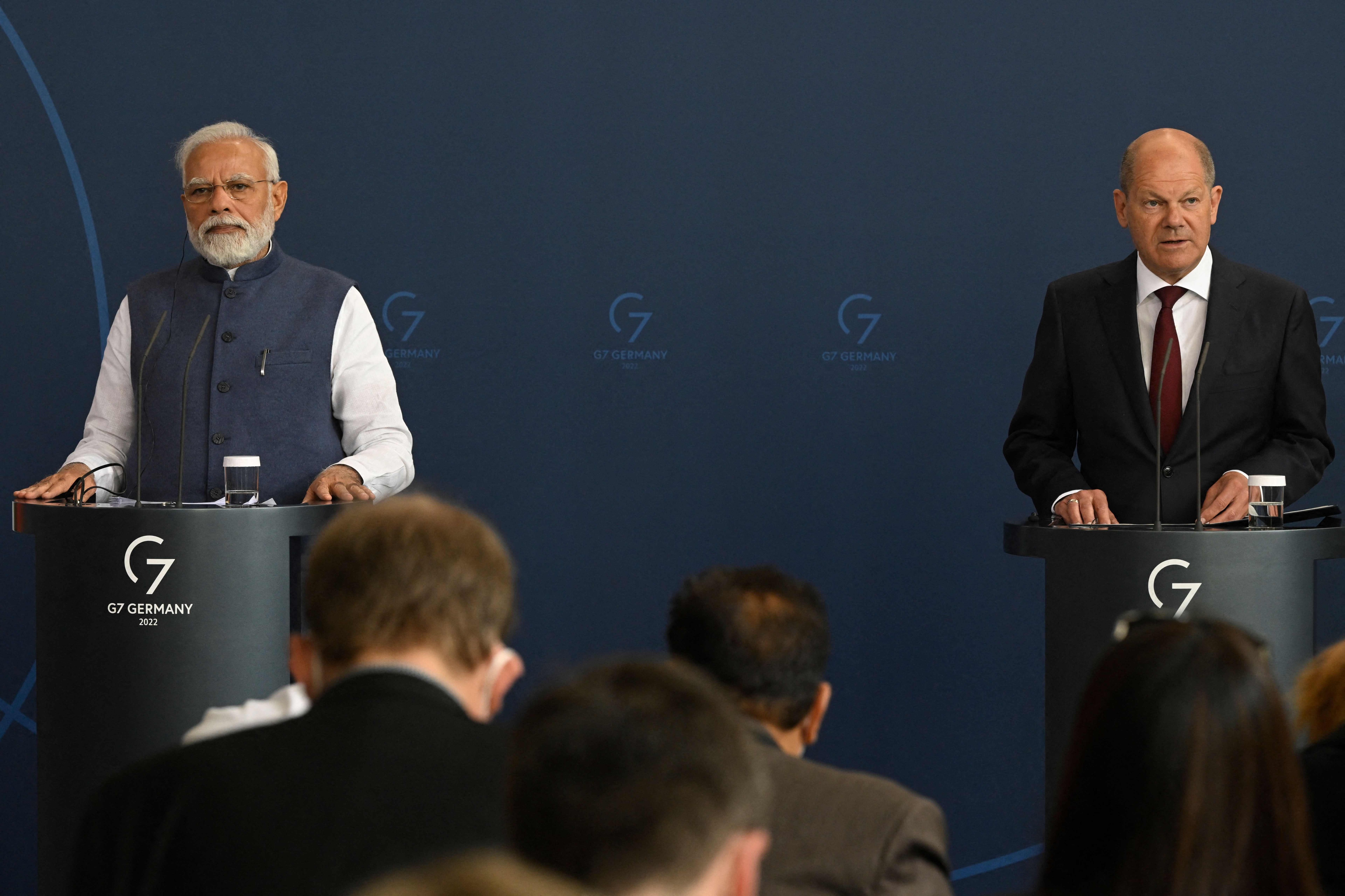 Prime Minister Narendra Modi and German Chancellor Olaf Scholz address a press conference following Indo-German governmental consultations at the Chancellery in Berlin on Monday. (AFP) Prime Minister Narendra Modi and German Chancellor Olaf Scholz address a press conference following Indo-German governmental consultations at the Chancellery in Berlin on Monday. (AFP)