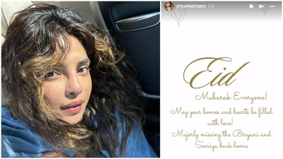Priyanka Chopra took to her Instagram story to share a poster that read, "Eid Mubarak everyone. May your homes and hearts be filled with love! Majorly missing the biryani and sevaiya back home." (Instagram/@priyankachopra)