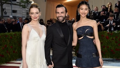 South Korean model and actor Hoyeon Jung of 'Squid Game' fame marked her debut at the Met Gala red carpet by showing up in a stunning suede cut-out dress. (Evan Agostini/Invision/AP) South Korean model and actor Hoyeon Jung of 'Squid Game' fame marked her debut at the Met Gala red carpet by showing up in a stunning suede cut-out dress. (Evan Agostini/Invision/AP)