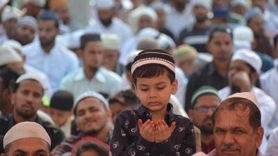 Residents offering prayers as part of Eid celebrations at a mosque in Chandigarh. (Sant Arora /HT)