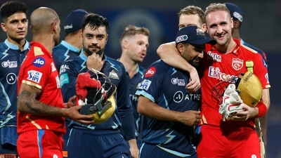 Punjab Kings players greet the Gujarat Titans players after their win (IPL)