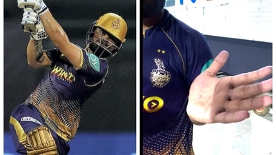 Rinku Singh shows his hand to Nitish Rana after KKR vs RR IPL 2022 match