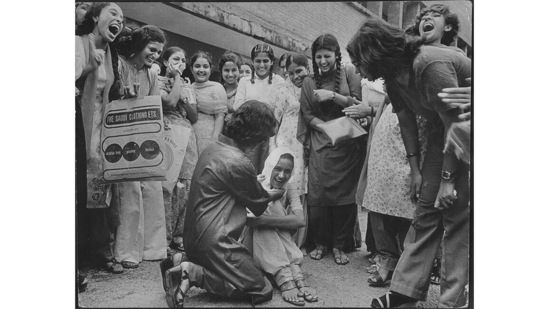 A scene from Miranda House where seniors are seen ragging freshers back in the day.(KK Chawla / HT Archive)