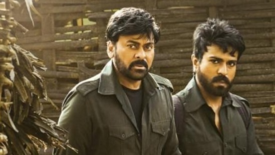 Chiranjeevi and Ram Charan in a still from Acharya.&nbsp;