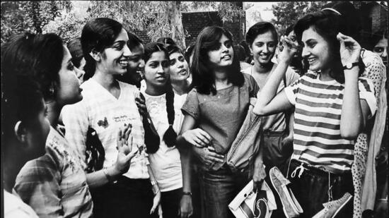 A fresher being ‘ragged’ at Miranda House when DU’s 1983-84 session kicked off. (HT Archive)