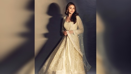 The beautiful Rakul Preet took to her Instagram handle to share a few stills of herself in a stunning pastel anarkali set and captioned her post, "Eid Mubarak Wishing you lots of love, peace and prosperity."(Instagram/@rakulpreet)