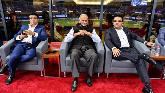 BCCI President Saurav Ganguly, BCCI Secretary Jay Shah and IPL Chairman Brijesh Patel during the clash between Delhi Capitals and Mumbai Indians.(PTI)