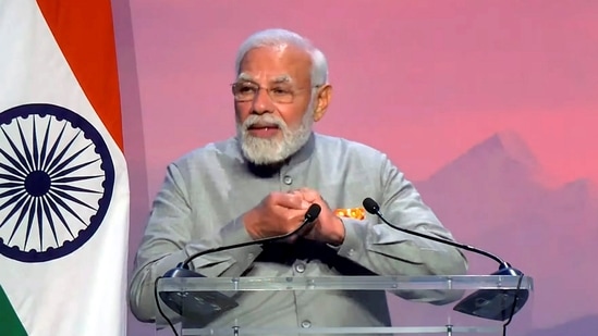 Prime Minister Narendra Modi addresses members of the Indian community during an event, in Copenhagen, Denmark. (PTI Photo/Screengrab of PMO video)