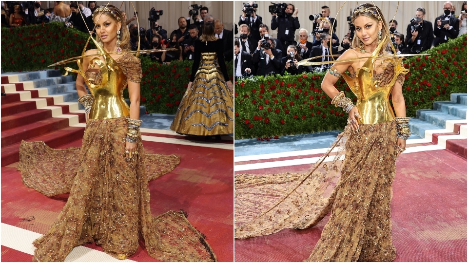 Natasha Poonawalla in the Sabyasachi tulle saree and Schiaparelli metal bustier(AFP)