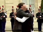 Prime Minister Narendra Modi receives a warm welcome from French President Emmanuel Macron at Elysee Palace in Paris on Wednesday.&nbsp;