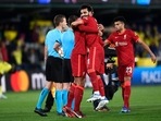 Liverpool's Mohamed Salah and his teammates celebrate after the Champions League semi final, second leg soccer match between Villarreal and Liverpool at the Ceramica stadium in Villarreal, Spain, Tuesday, May 3, 2022. Liverpool's Mohamed Salah and his teammates celebrate after the Champions League semi final, second leg soccer match between Villarreal and Liverpool at the Ceramica stadium in Villarreal, Spain, Tuesday, May 3, 2022.