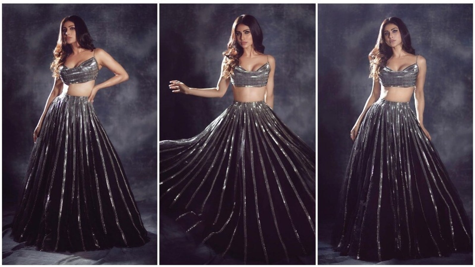 Mouni Roy is a sight to behold in dreamy platinum black crop top, skirt set